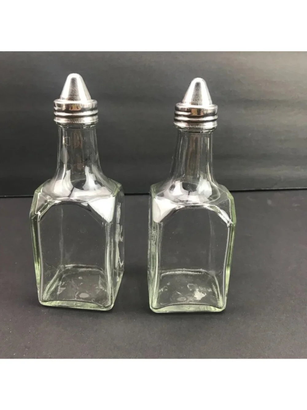 Skeleton Etched Glass Oil Vinegar Halloween Dispensers Bottles Metal Set Of 2